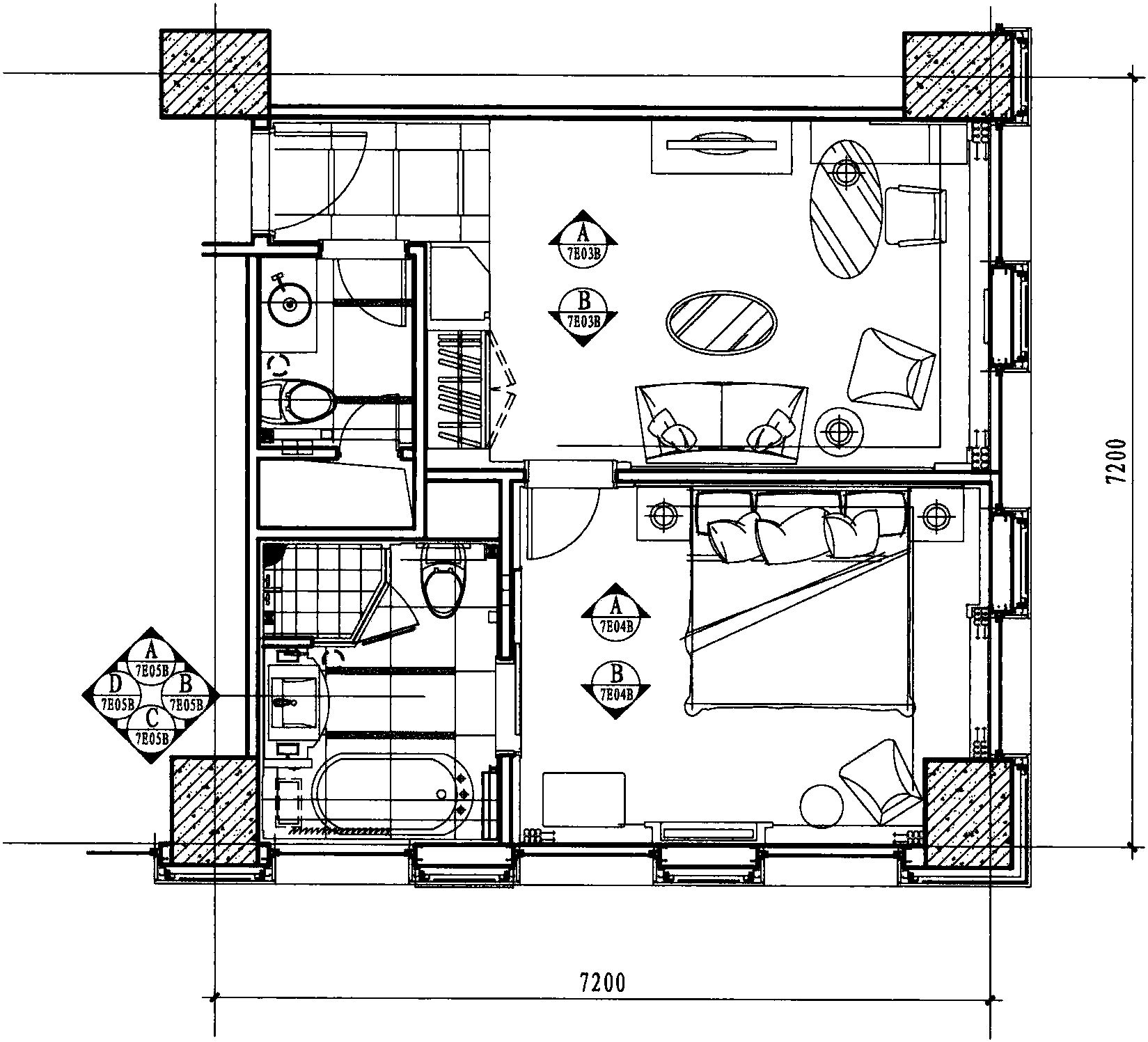 七层套房平面布置图 1:75